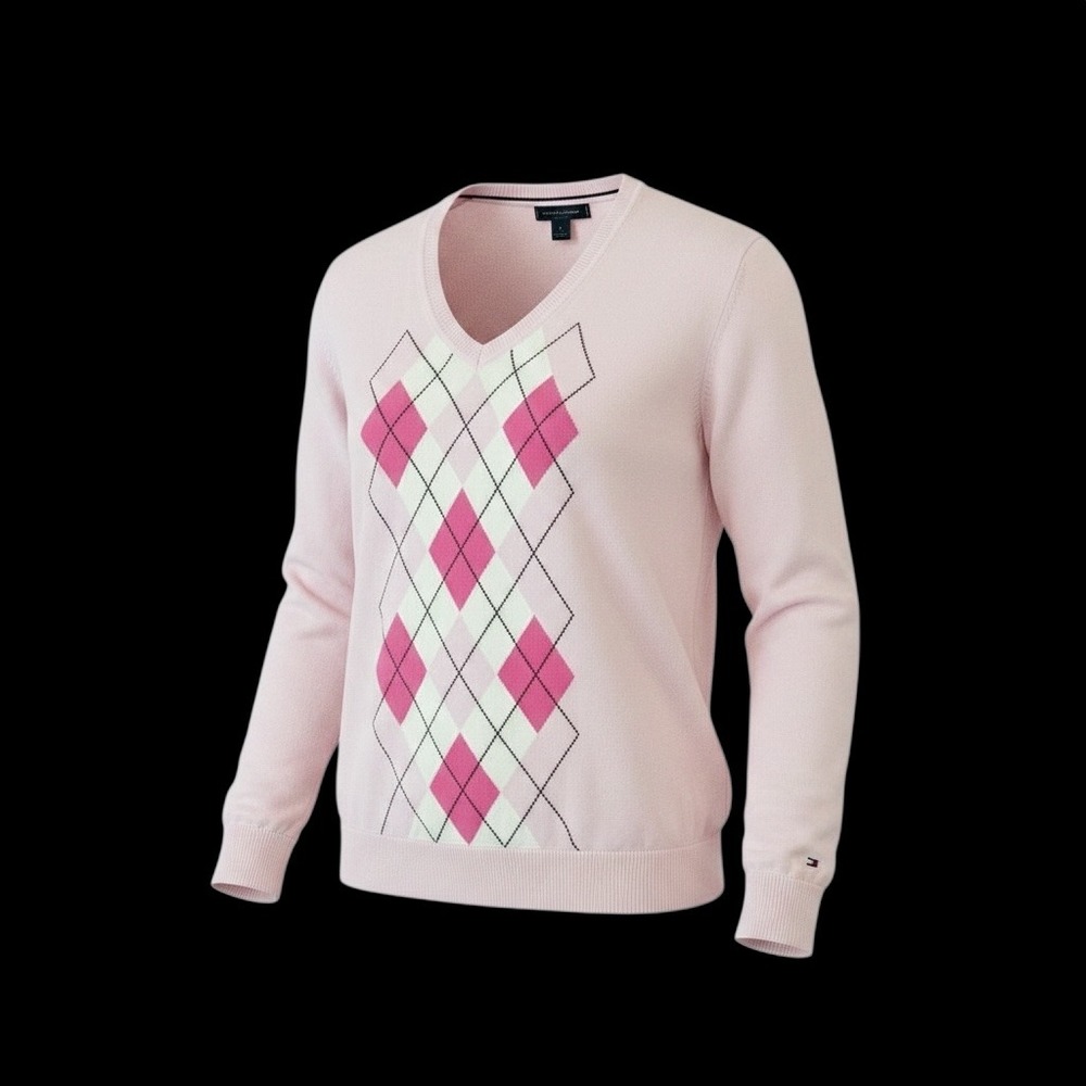 Tommy Hilfiger Pink Argyle‎ V-Neck Pima Cotton Sweater XL Tennis Golf Office